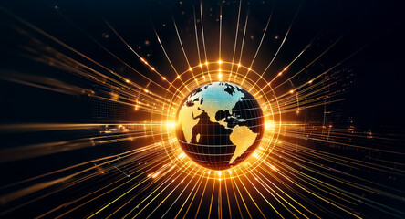 Poster - Glowing globe surrounded by radiant lines against dark backdrop, symbolizing global connection and technological advancement.  Digital world and network concept.