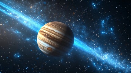 Stunning 3d visualization of jupiter surrounded by a starry sky and glowing blue light trails