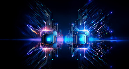 Poster - two glowing processors are interconnected with vibrant light trails, illuminating intricate circuit 