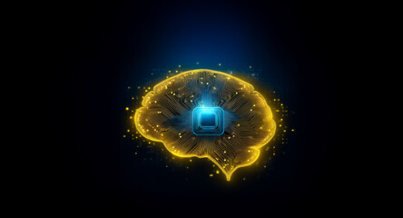 Poster - Glowing digital brain outline with a central chip, symbolizing artificial intelligence and technology on a dark background.