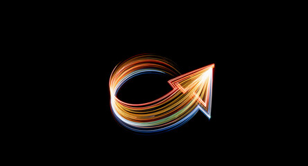 Wall Mural - a circular arrow formed by luminous streaks of orange, yellow, and blue light trails on a black back