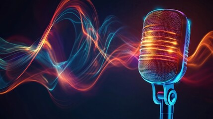 Poster - Illuminated performance microphone concert hall digital art vibrant atmosphere close-up view sound waves concept