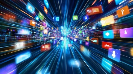 Poster - abstract digital data stream colorful icons futuristic technology background modern network speed li