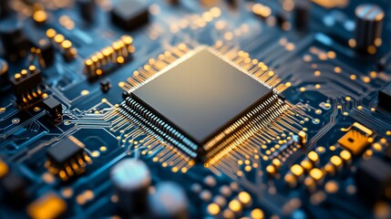 Poster - High Tech Microchip Circuit Board Technology Closeup Detailed Golden Pins Modern Electronic Device Powerful Processor Digital Innovation Futuristic   