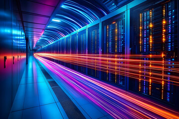 Poster - Data Stream in Server Room: Vibrant streaks of light, representing data flow, surge through a modern server room, highlighting the power and speed of digital technology.