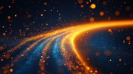 Poster - Vibrant dynamic light trail with orange and yellow sparks on dark blue background perfect for text overlay