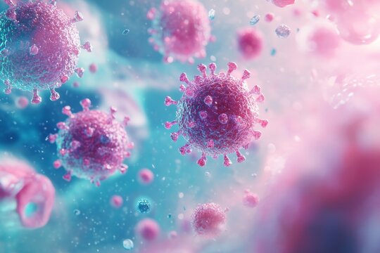 Dynamic abstract scene with realistic human t cells, colorful shapes, and virus elements in 3d