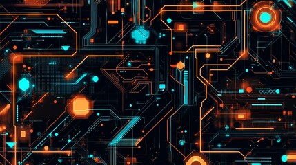 Poster - abstract digital circuit board technology background orange blue futuristic network design modern hi