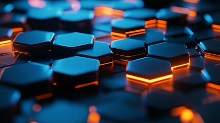 Poster - Abstract Hexagon Pattern Blue Orange Glowing Technology Background Digital Art Modern Design Futuristic Shiny 3D Render Illustration Graphic Resource 