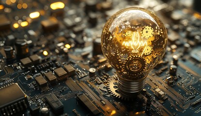Poster - Innovative Ideas: Gears and Lightbulb on Circuit Board, Illuminating Technological Advancements