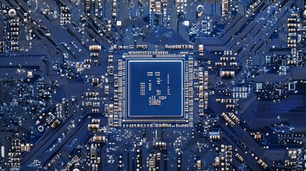 Poster - high resolution detailed blue circuit board technology background image perfect for modern tech desi