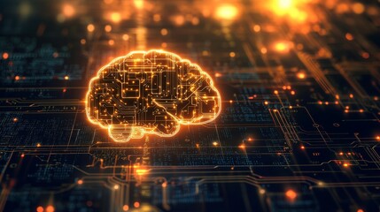 Poster - Abstract Digital Brain Circuitry Glowing Orange Lines Technology Neural Network Artificial Intelligence Futuristic Innovation Concept Background      