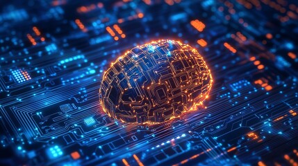 Poster - Abstract Digital Brain Circuit Board Technology Neural Network Artificial Intelligence Futuristic Innovation Modern Design Glowing Lines Orange Blue  