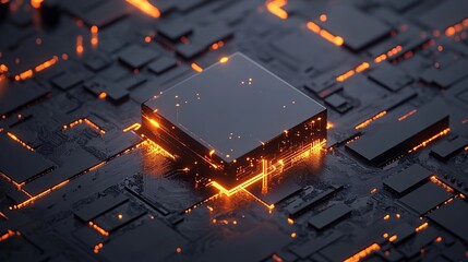 Poster - abstract technology background futuristic digital circuit board glowing orange lines dark black cube