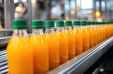 Poster - Orange Juice Bottling: Factory Production Line Shows Automated Filling of Plastic Bottles with Fresh Juice Efficiently