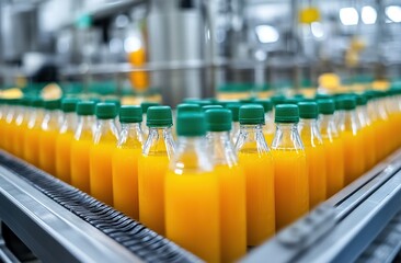 Poster - Conveyor Belt Moves Orange Juice Bottles to Packaging, Efficiently Bottling Refreshing Citrus Beverage