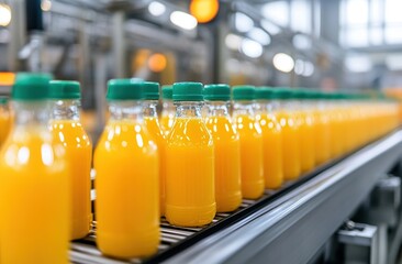 Poster - Automated Bottling Line: Orange Juice Production Process on Conveyor Belt System in Factory