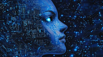 Poster - Abstract Digital Face Circuit Board Technology Artificial Intelligence Futuristic Blue Glowing Lines Modern Design Network Graphic Background         