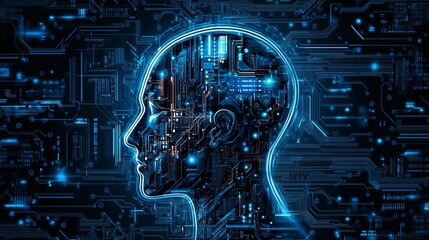 Poster - Abstract Digital Human Head Circuit Board Technology Artificial Intelligence Concept Futuristic Blue Neon Glowing Lines Network Design Background     