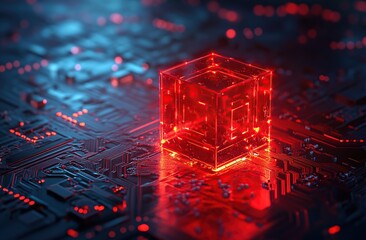 Poster - Glowing Red Cube on Circuit Board:  Advanced Technology & Futuristic Data Processing System, Illuminated Circuits Showcase Innovation