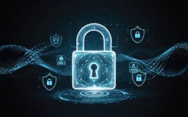 Poster - Cybersecurity Fortress: Illuminated padlock with surrounding shield icons representing data protection on a technological digital background, symbolizing the defense of sensitive information.