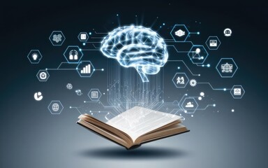 Poster - Illuminating the Mind: A captivating digital composition showcasing the fusion of knowledge and intellect, with a glowing brain radiating above an open book