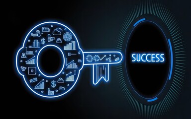 Poster - Key to Success: A vibrant, neon-lit key unlocks the path to success, featuring an intricate design filled with business icons and a glowing portal.