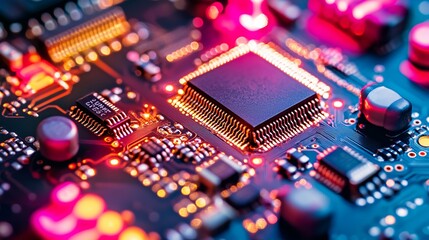 Poster - closeup detailed view of advanced circuit board technology electronic components microchip integrate