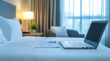 Poster - Hospitality management setup with scheduling software, reports, and a branded hotel brochure.