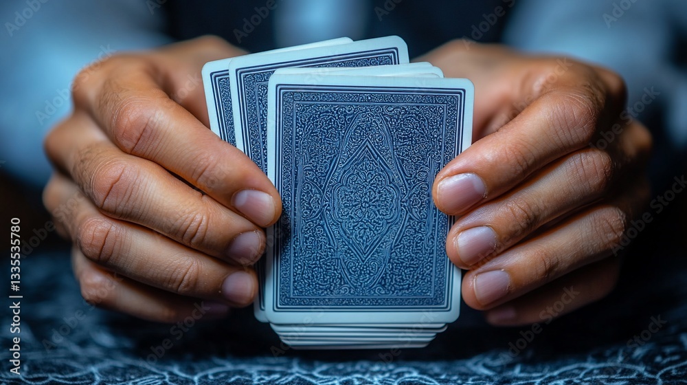 Hands holding deck of cards with blue ornate patterns, close-up, cool ...