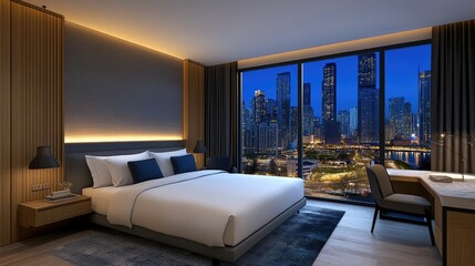 Poster - Modern city hotel room with a giant glass window showcasing downtown skyscrapers.