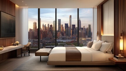 Poster - Modern city hotel room with a giant glass window showcasing downtown skyscrapers.