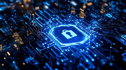 Poster - Abstract Digital Security Network Technology Background Blue Glowing Padlock Circuit Board Modern Futuristic Design Illustration High Tech Innovation 