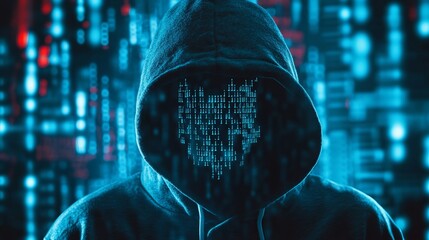 Poster - Mysterious Hacker Digital Art Blue Neon Code Hoodie Person Dark Background Cybersecurity Technology Internet Privacy Anonymous Secret Digital Binary  
