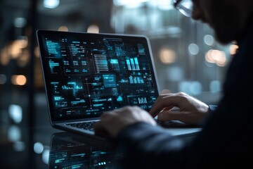 Poster - Businessman using laptop with virtual screen for business plans and financial data in office