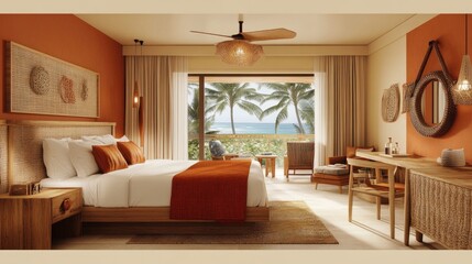 Poster - Stylish sea-facing luxury hotel room with natural textures, warm tones, and an inviting ocean view.