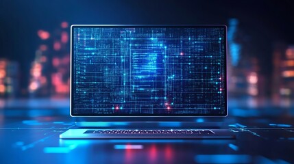 Poster - Futuristic Digital Technology Laptop Screen Blue Glowing Lines Circuit Board Modern Data Network Innovation Digitalization Cybersecurity Information  