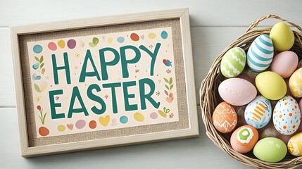 Poster - Vibrant and festive Easter decorations including colorful eggs and cheerful framed message of Happy Easter : Generative AI