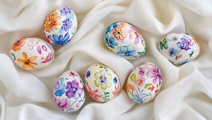 Poster - A vibrant array of painted Easter eggs adorned with flowers scattered on soft draped fabric in pastel colors : Generative AI