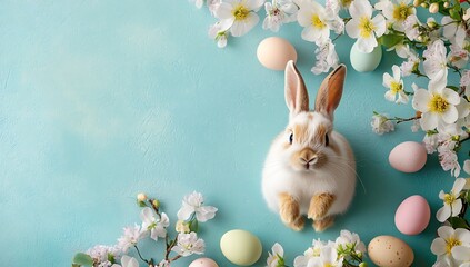 Poster - Charming fluffy bunny surrounded by Easter eggs and flowers on a pastel colored background creating a festive spring scene : Generative AI