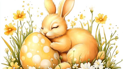 Poster - Cute Sleeping Bunny Embracing Colorful Easter Egg Surrounded by Flowers and Grass : Generative AI