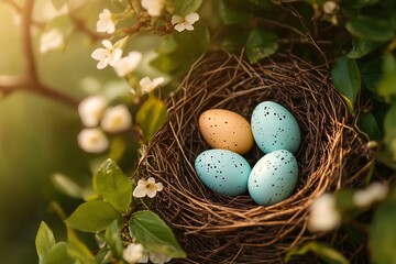 Poster - Charming nest with spotted blue and orange Easter eggs surrounded by blooming flowers in a lush garden : Generative AI