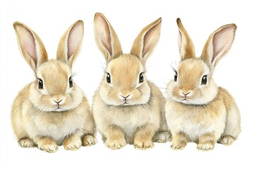 Poster - Charming illustration of three fluffy bunnies with endearing expressions sitting together in a delightful scene : Generative AI