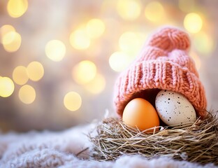 Poster - Delicate Easter eggs in a cozy straw nest wearing a lovely pink knitted hat enhancing the festive energy : Generative AI