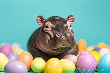 Poster - Charming baby hippo posing amid pastel Easter eggs against a vibrant backdrop for seasonal festivities : Generative AI