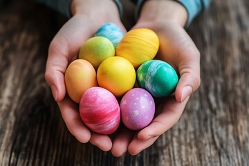 Poster - Hands holding a vibrant collection of colorful Easter eggs on wooden background : Generative AI