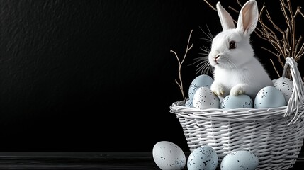 Poster - Adorable white rabbit sitting in a basket with pastel colored eggs on dark background : Generative AI