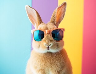 Poster - Trendy bunny wearing stylish sunglasses against a vibrant colorful background for a playful effect : Generative AI