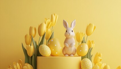 Poster - Charming Easter Bunny Surrounded by Bright Tulips and Colorful Eggs in a Vibrant Yellow Setting : Generative AI