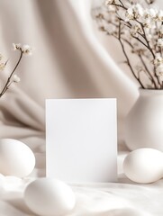 Poster - Elegant composition of white eggs and flowers with a blank card on fabric : Generative AI